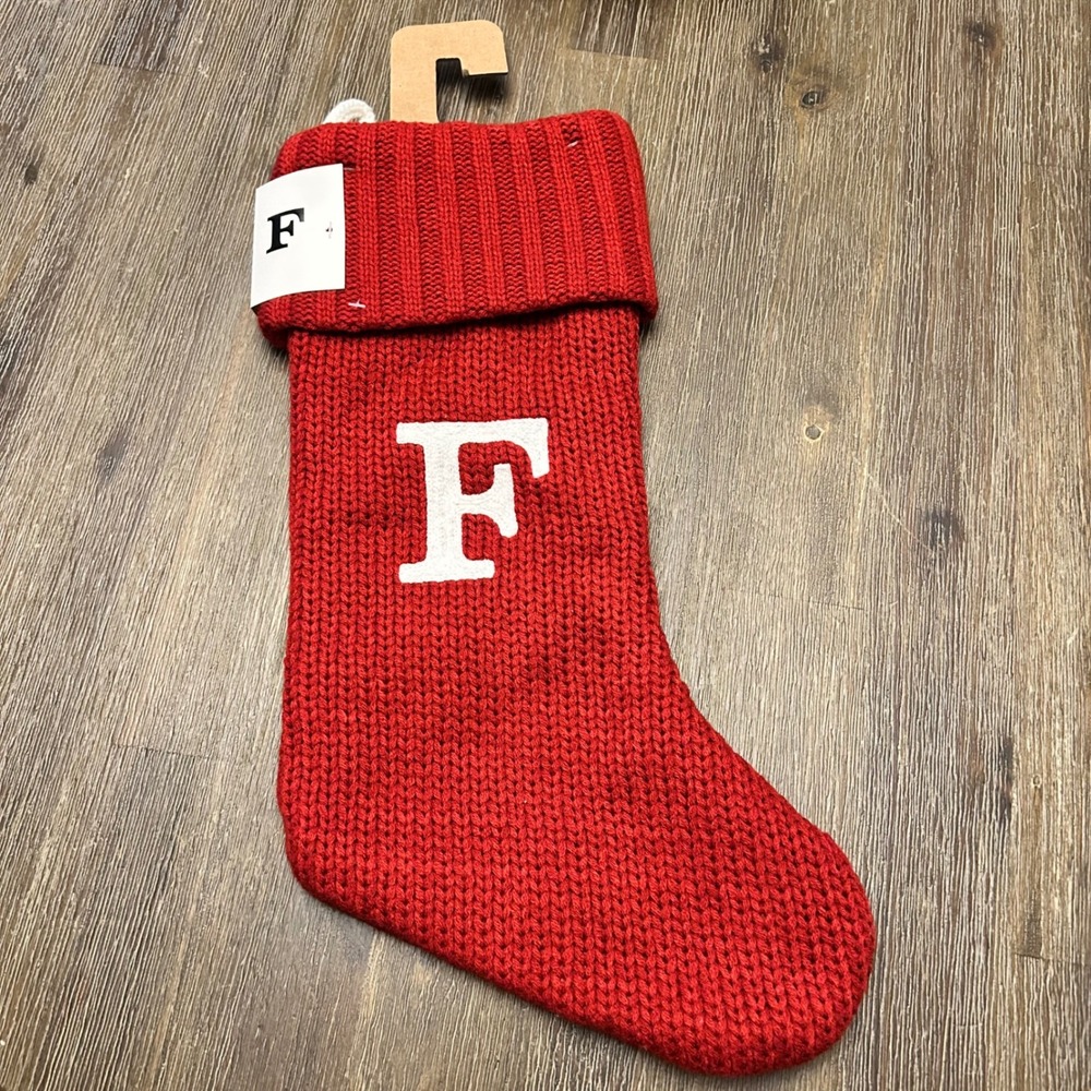 Red Knit Christmas Stocking Initial‎ F Holiday Decoration Decor 19" NWTWhte
